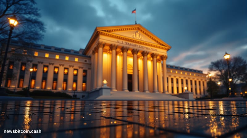 A dramatic cinematic photograph of the US Treasury Department building in Washington DC at dusk, with golden hour lighting ca