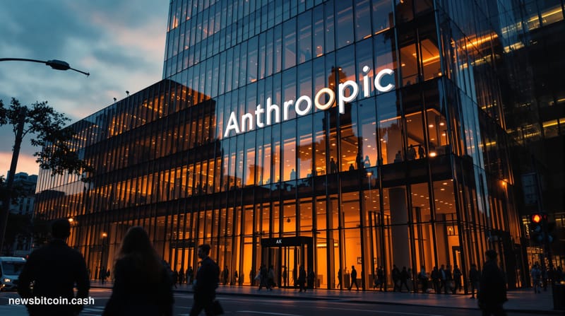 A cinematic photorealistic editorial photograph of Anthropic's San Francisco headquarters building at dusk, with the company'