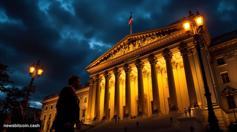 A cinematic photorealistic editorial photograph capturing the US Treasury Building in Washington DC at dusk, with dramatic st
