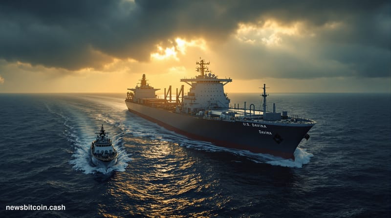 A dramatic photorealistic editorial photograph capturing a US naval vessel alongside a large oil tanker in the dark blue wate