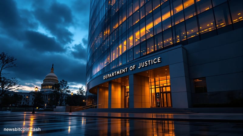 Cinematic photorealistic editorial photograph showing the imposing glass facade of the Department of Justice headquarters in 