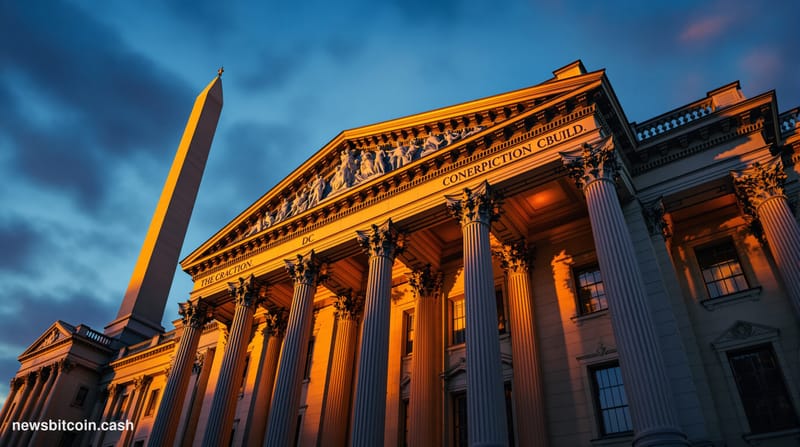 A cinematic photorealistic editorial photograph of the U.S. Treasury Building in Washington D.C., captured during golden hour