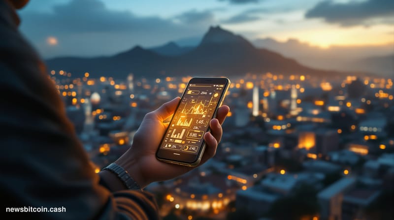 A cinematic photorealistic editorial photograph showing the contrast between traditional and digital finance in Venezuela. Th
