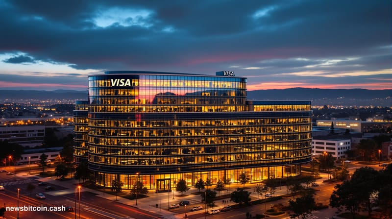 A cinematic photorealistic editorial photograph showing Visa's Foster City headquarters campus from an elevated three-quarter