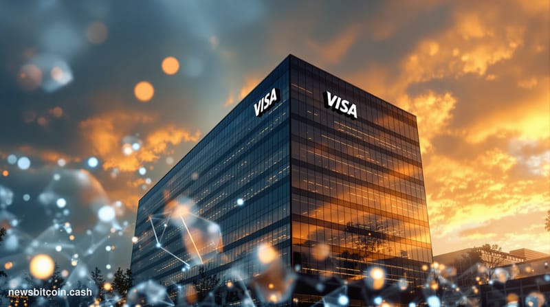 A cinematic photorealistic editorial photograph of Visa's distinctive headquarters building in Foster City, California, captu