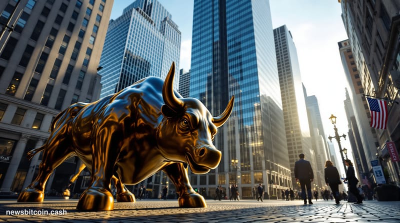 A cinematic photorealistic editorial photograph showcasing Wall Street's financial district from a low-angle perspective, wit