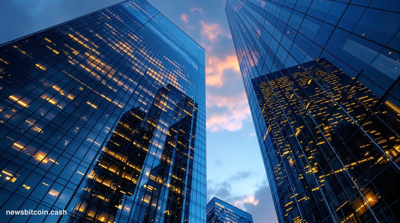 A cinematic photorealistic editorial photograph of the towering glass facades of Wall Street financial district buildings at 