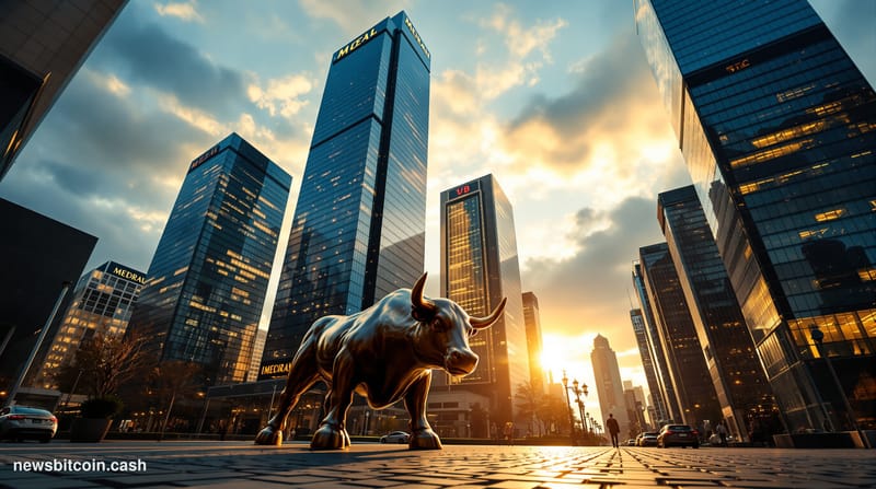 A cinematic photorealistic editorial photograph capturing Wall Street's financial district during golden hour, with the iconi