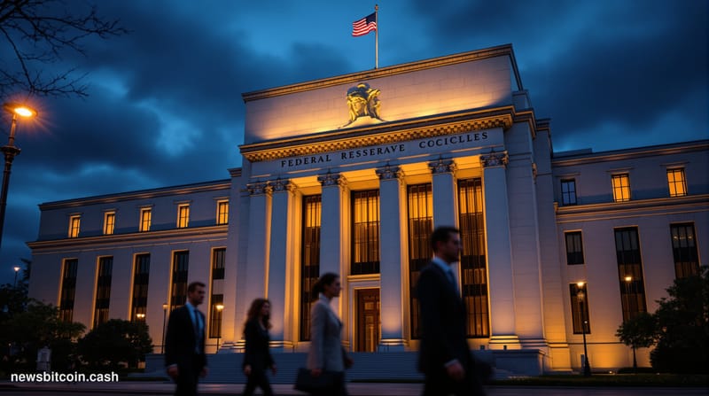 A cinematic photorealistic editorial photograph of the Federal Reserve building in Washington D.C. at dusk, shot from a low a