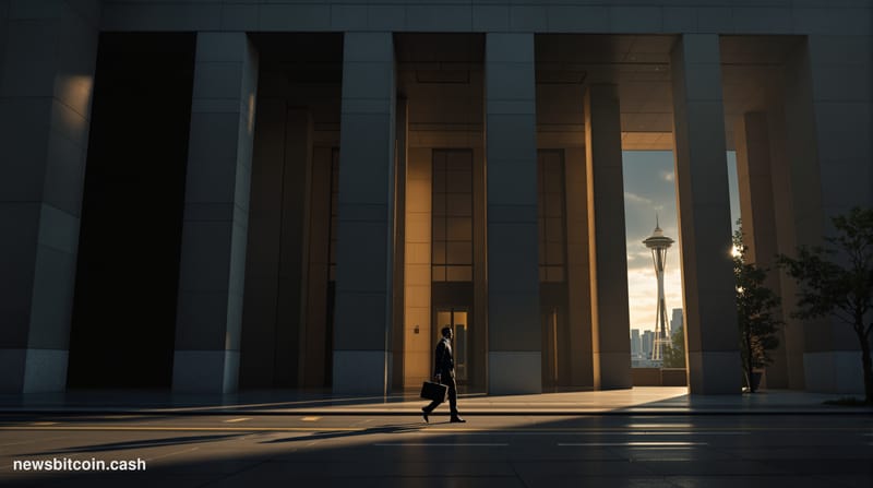 A cinematic photorealistic editorial photograph showing the imposing federal courthouse building in Seattle, Washington, with