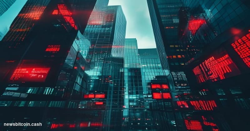 A cinematic photorealistic editorial photograph of a modern financial district at dawn, with glass skyscrapers reflecting cha