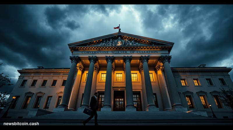 A cinematic photorealistic editorial photograph showing the imposing neoclassical facade of the Securities and Exchange Commi