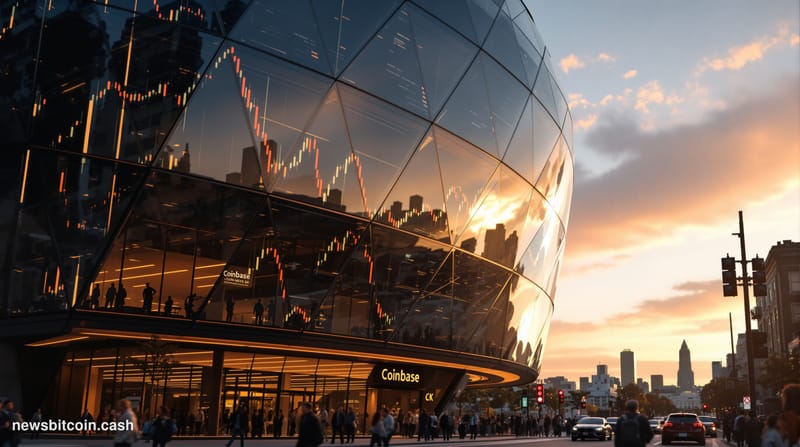 A cinematic photorealistic editorial photograph showing the iconic curved glass facade of <a href="https://www.coinbase.com" 