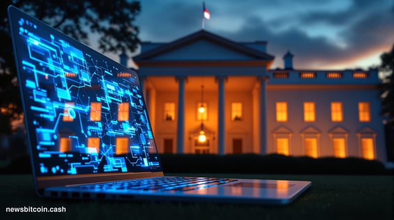 A cinematic photorealistic editorial photograph showing the imposing neoclassical facade of the White House's West Wing at du