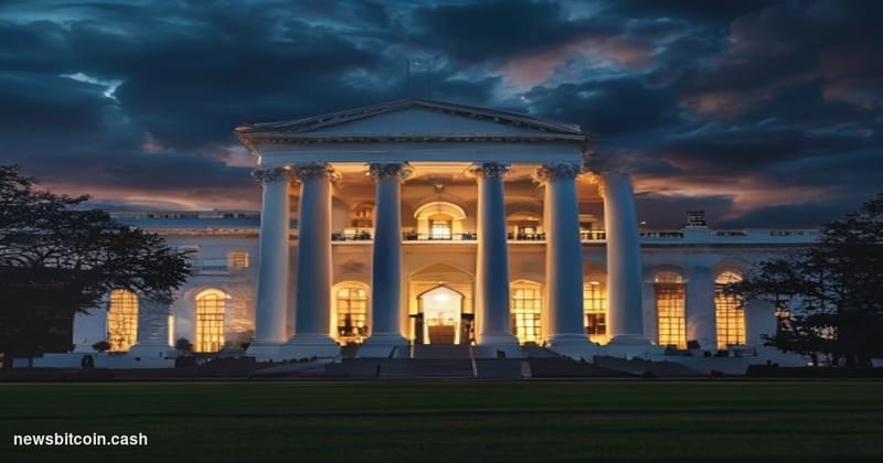A cinematic photorealistic editorial photograph showing the imposing neoclassical facade of the White House's West Wing at du