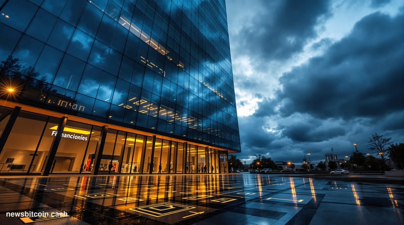 A cinematic photorealistic editorial photograph showing the imposing glass facade of a modern cryptocurrency exchange or fina