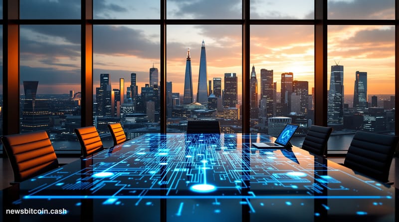 A cinematic photorealistic editorial photograph showcasing the intersection of AI and cryptocurrency payments infrastructure.