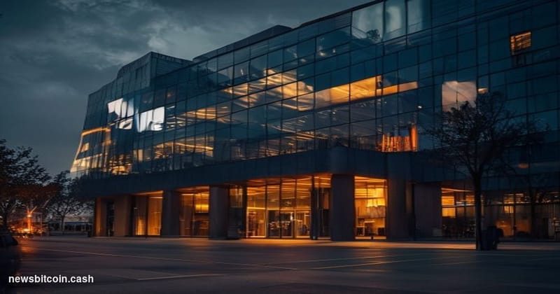 A cinematic photorealistic editorial photograph showing the exterior of Wise's modern London headquarters building at dusk, w