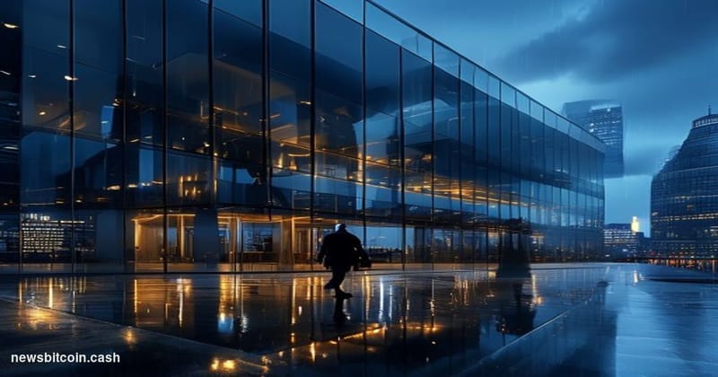 A cinematic photorealistic editorial photograph showing the modern glass facade of Wise Group's London headquarters at twilig