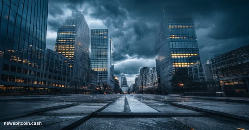 A cinematic photorealistic editorial photograph of the Brussels financial district during a stormy afternoon, with the imposi