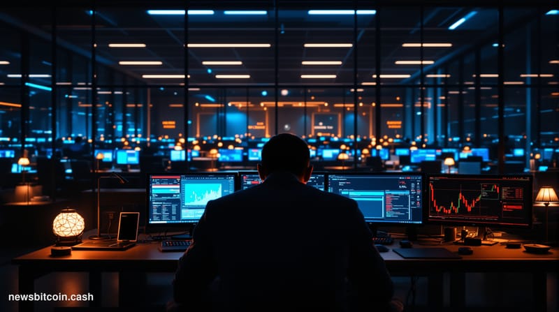 A cinematic photorealistic editorial photograph showing a dimly lit cryptocurrency exchange office environment with warning s