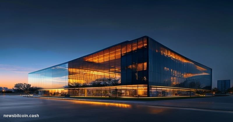 A cinematic photorealistic editorial photograph of a modern blockchain company headquarters building at golden hour, with cle