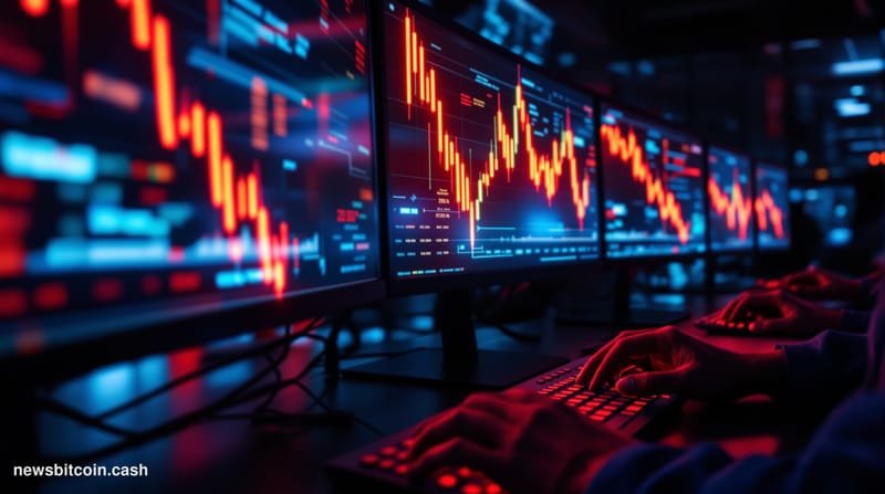 A cinematic photorealistic editorial photograph showing the Zcash cryptocurrency logo or symbol displayed on multiple trading