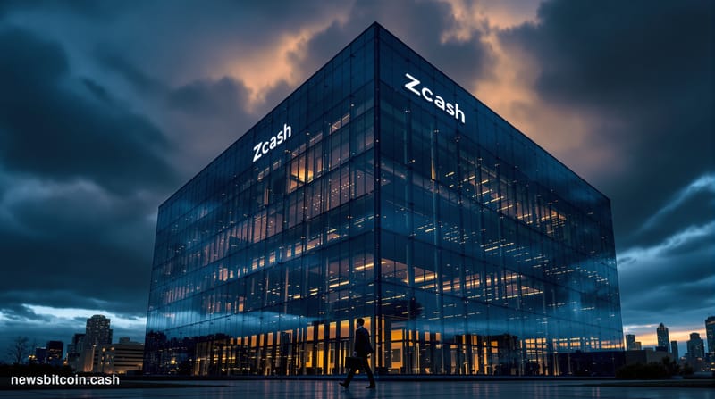 A dramatic cinematic editorial photograph showing the Zcash headquarters building in Denver, Colorado during twilight hours w