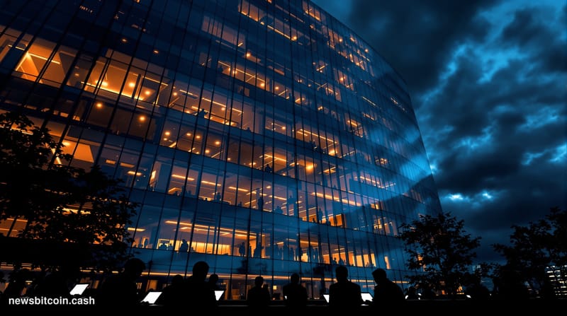 A cinematic photorealistic editorial photograph showing the Electric Coin Company headquarters or Zcash Foundation offices in
