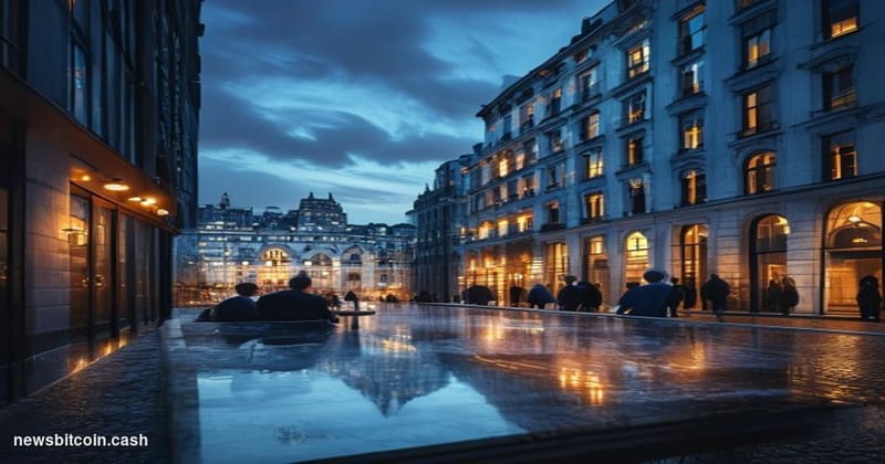 Cinematic photorealistic editorial photograph of a grand European banking district at dusk, evoking Luxembourg's financial qu