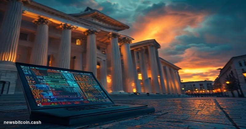 Cinematic photorealistic editorial photograph of the Federal Reserve building in Washington D.C., shot from a low angle at du