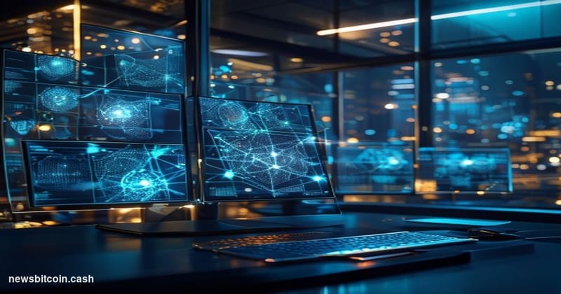 Cinematic photorealistic editorial photograph of a sleek, dimly lit trading operations room with multiple high-resolution mon