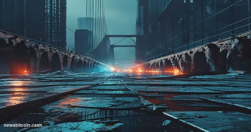 A cinematic photorealistic editorial photograph of a cracked and broken digital bridge structure suspended in darkness, rende