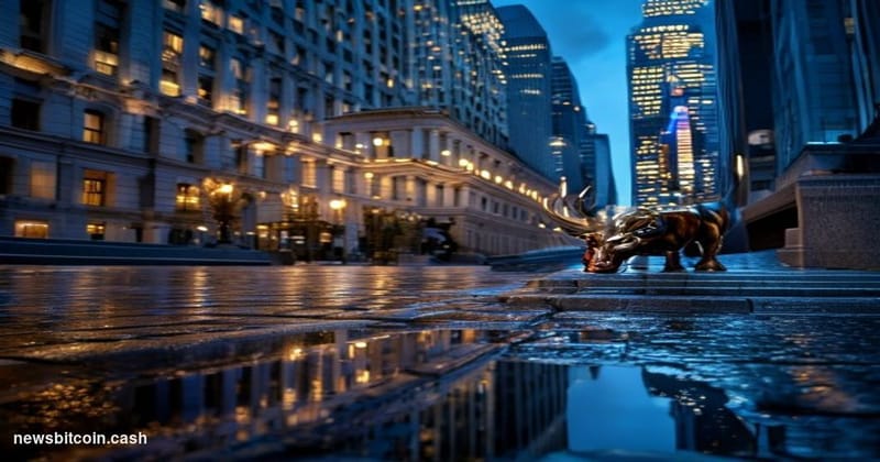 Cinematic photorealistic editorial photograph of Wall Street's iconic financial district at dusk, with the recognizable neocl