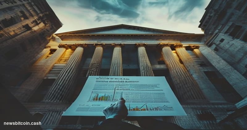 Cinematic photorealistic editorial photograph shot from a low angle looking up at the Federal Reserve Building in Washington 