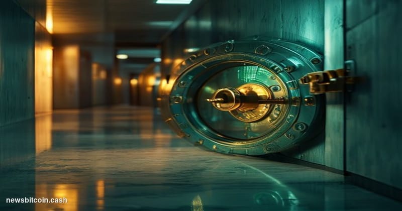 Cinematic photorealistic editorial photograph of a monumental bank vault door slightly ajar in a dimly lit institutional corr