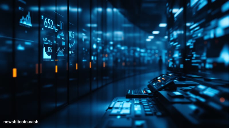 A cinematic photorealistic editorial photograph of a vast, dimly lit financial vault interior with rows of digital asset term