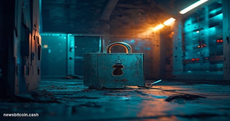 Cinematic photorealistic editorial photograph of a deteriorating digital vault door, half-open and visibly damaged, set in a 