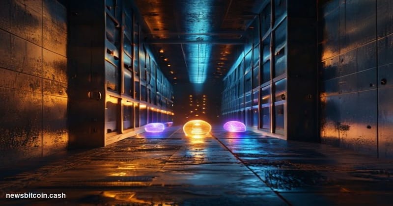 Cinematic photorealistic editorial photograph of a heavy steel vault door swinging open in a dimly lit underground chamber, w