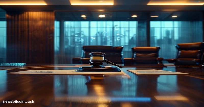 Cinematic photorealistic editorial photograph of a formal arbitration chamber in Washington D.C. or New York, shot from a low