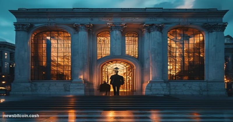 Cinematic photorealistic editorial photograph of a grand neoclassical American bank building facade at dusk, with warm amber 