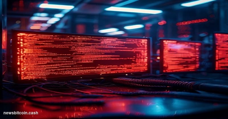 Cinematic photorealistic editorial photograph of a dark, dramatic digital operations center with multiple large monitors disp