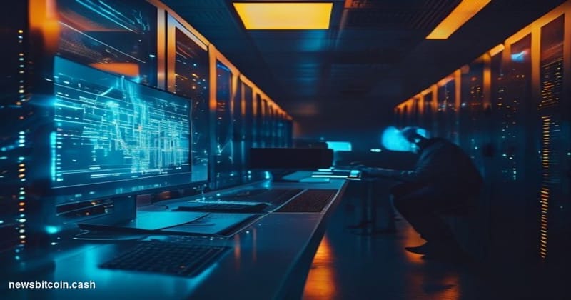 A cinematic photorealistic editorial photograph shot in a darkened server room corridor, with dramatic blue and amber lightin