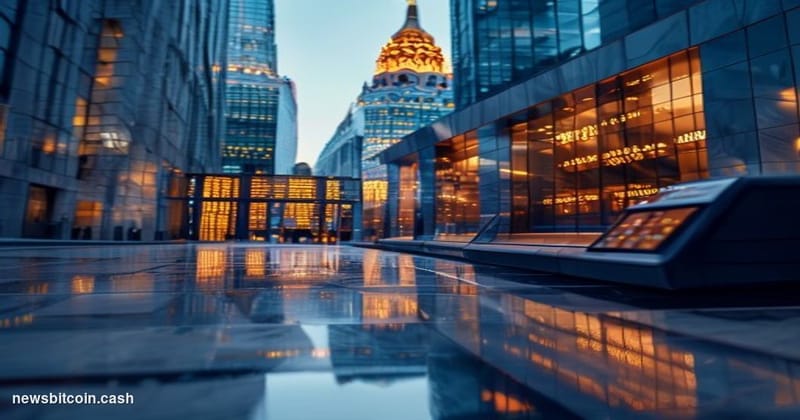 Cinematic photorealistic editorial photograph of a grand Moscow banking district street at dusk, with the imposing glass-and-