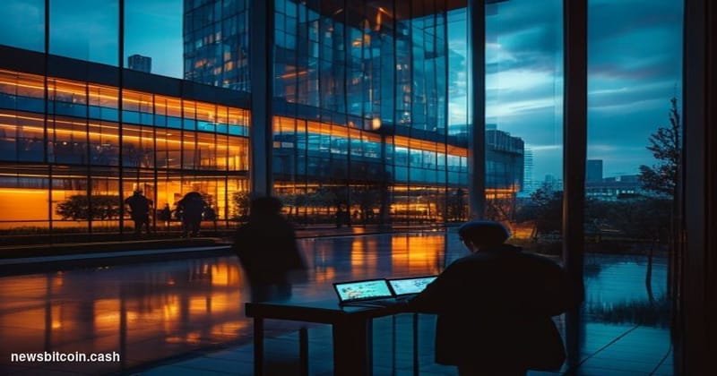 Cinematic photorealistic editorial photograph of Alibaba's modern glass-and-steel headquarters campus in Hangzhou, China, sho