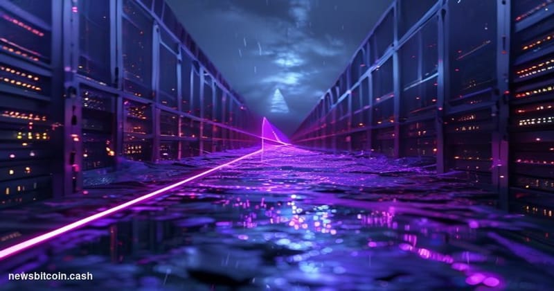 Cinematic photorealistic editorial photograph of a glowing digital bridge structure suspended between two dark server-rack en