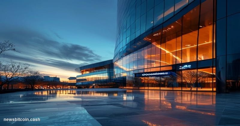 Cinematic photorealistic editorial photograph of a sleek, modern financial technology campus at dusk, shot from a low wide an
