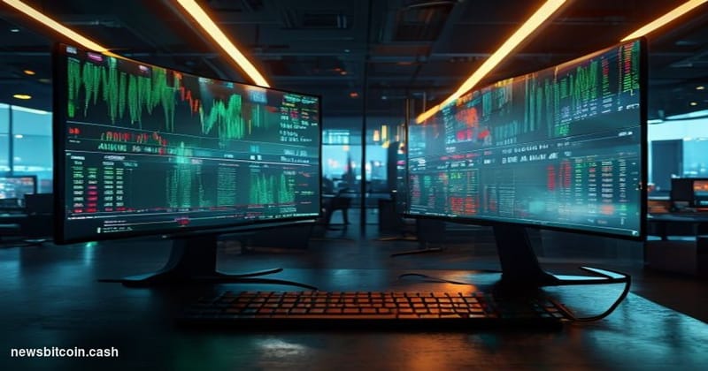 Cinematic photorealistic editorial photograph of a dramatic dual-screen trading environment inside a sleek, low-lit fintech o