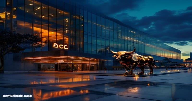Cinematic photorealistic editorial photograph of a modern Nasdaq-listed corporate headquarters at dusk, with dramatic amber a
