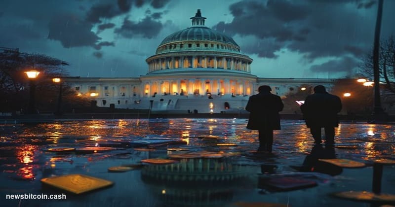Cinematic photorealistic editorial photograph of a cracked and weathered United States Capitol building dome reflected in a r